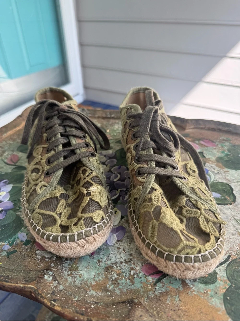 Olive Green Crochet Lace Lace-Up Espadrille Sneakers Toni Pons EU 38
